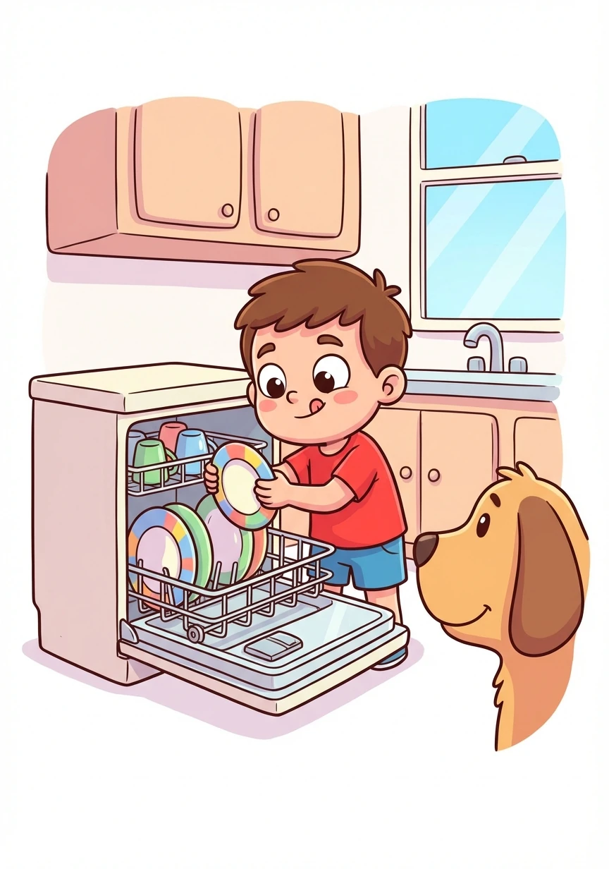 After wiping the table, Toby helps load the dishwasher. He puts the plates and cups inside, one by one.
