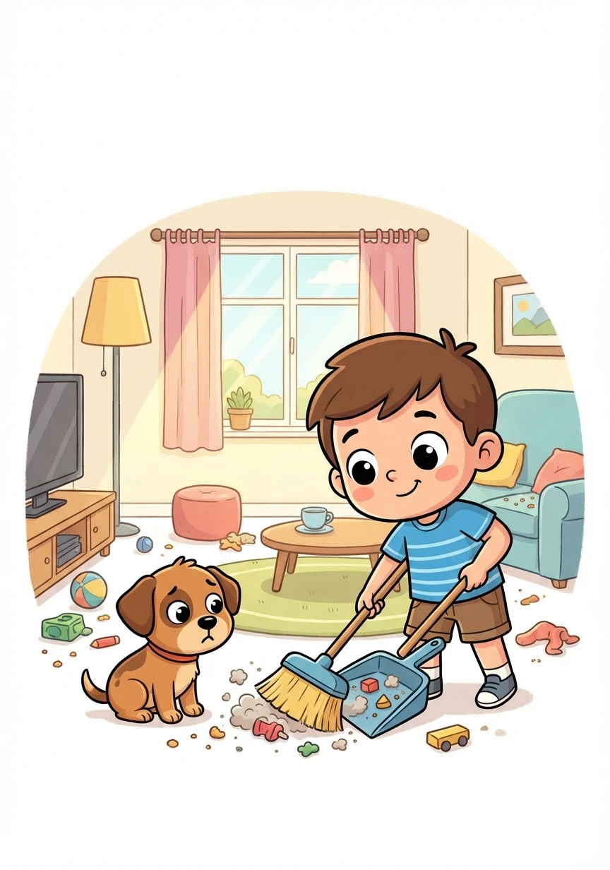 Toby's dog, Buster, made a mess in the living room! Toby sweeps the floor carefully, gathering all the dust and crumbs.