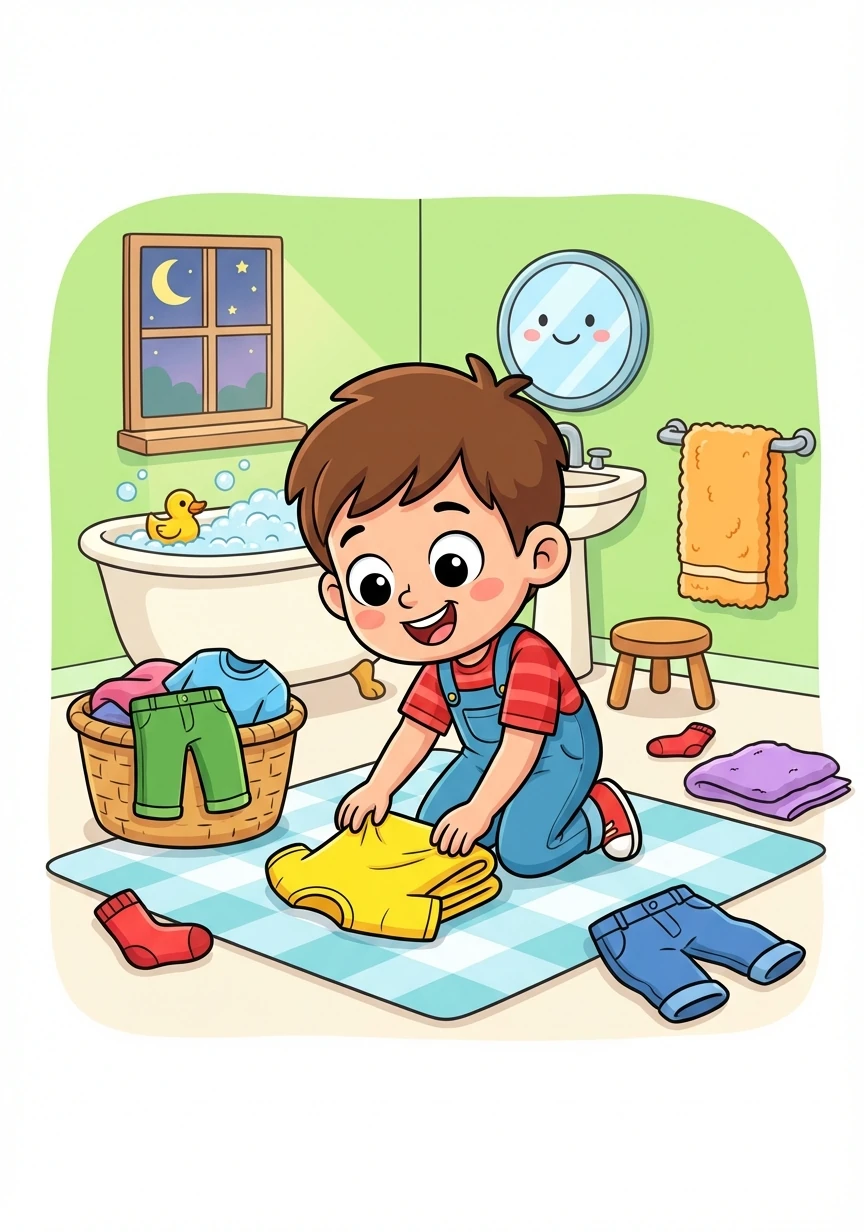 Toby finds his clothes scattered around the bathroom. He folds his shirts and pants, placing them neatly in the laundry basket.