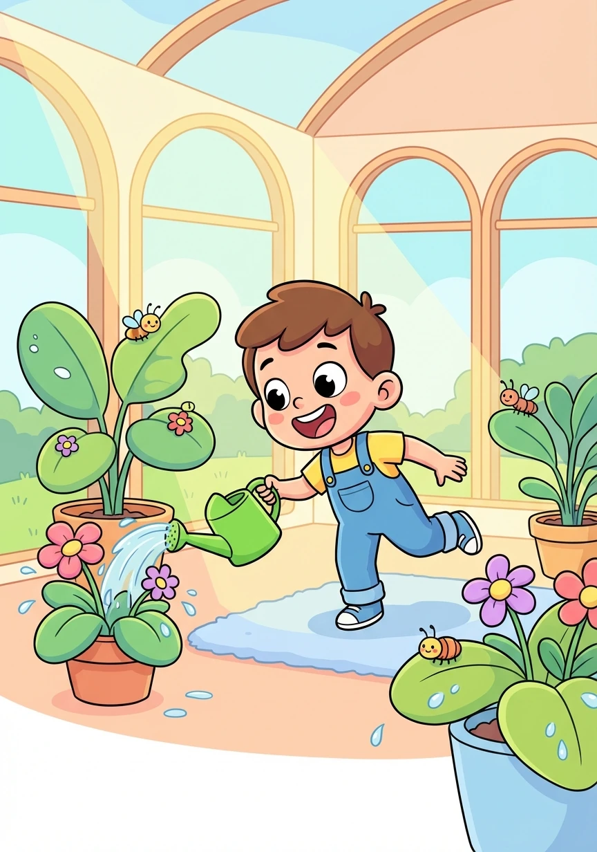 Now, Toby waters the plants in the sunroom. He gives each plant just enough water to help them grow.