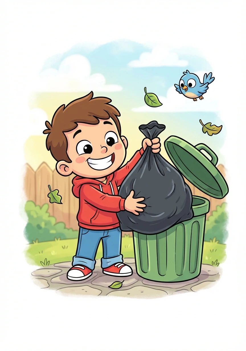 Toby's dad asks him to take out the trash. He carries the bag outside to the bin, feeling proud of his helpfulness.