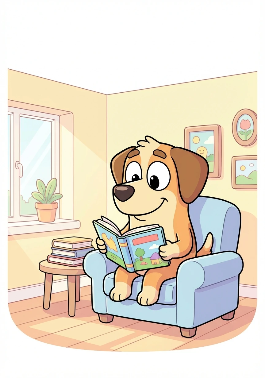 Finally, Toby's house is clean and tidy! He sits down with a book, feeling happy and relaxed in his clean home.