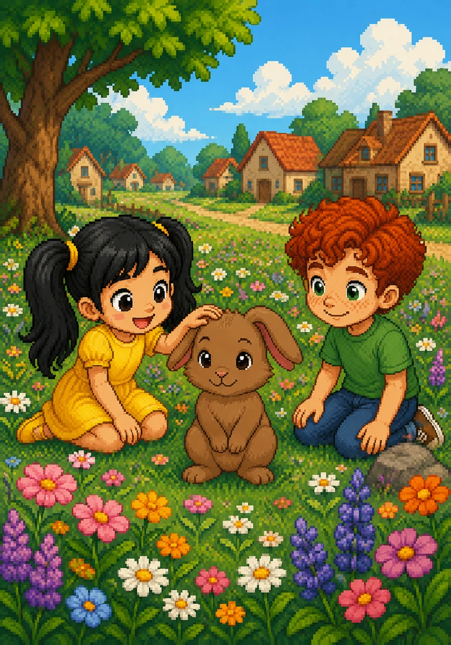 Once upon a time, in a beautiful meadow filled with flowers, lived a little brown rabbit named Sid. Sid had the softest fur and the kindest heart in the whole meadow. He lived near a small village where children loved to play.
