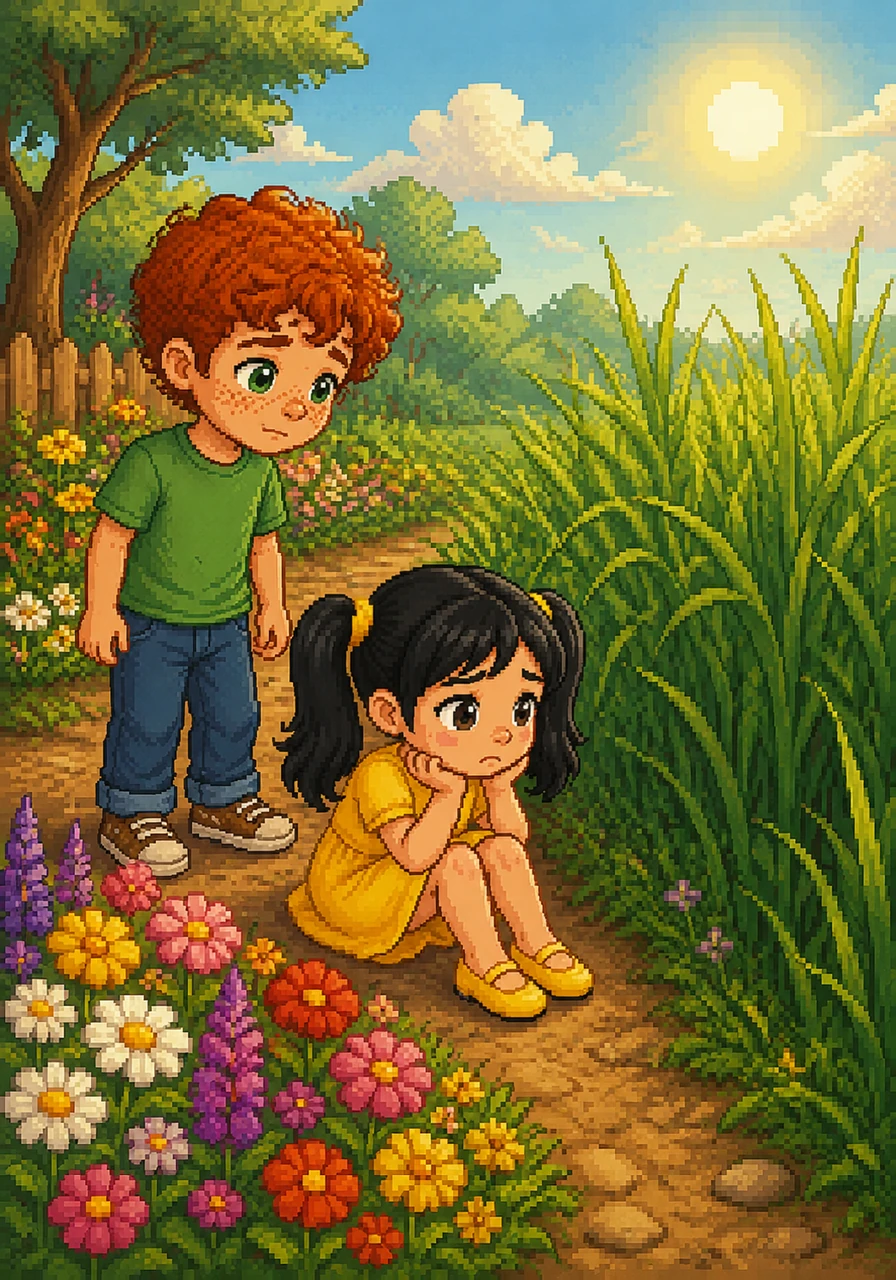 One sunny morning, Sid met a little girl named Inaya who had long black hair tied in neat pigtails. She was sitting by a flower patch, looking sad because she had dropped her favorite toy car in the tall grass.
