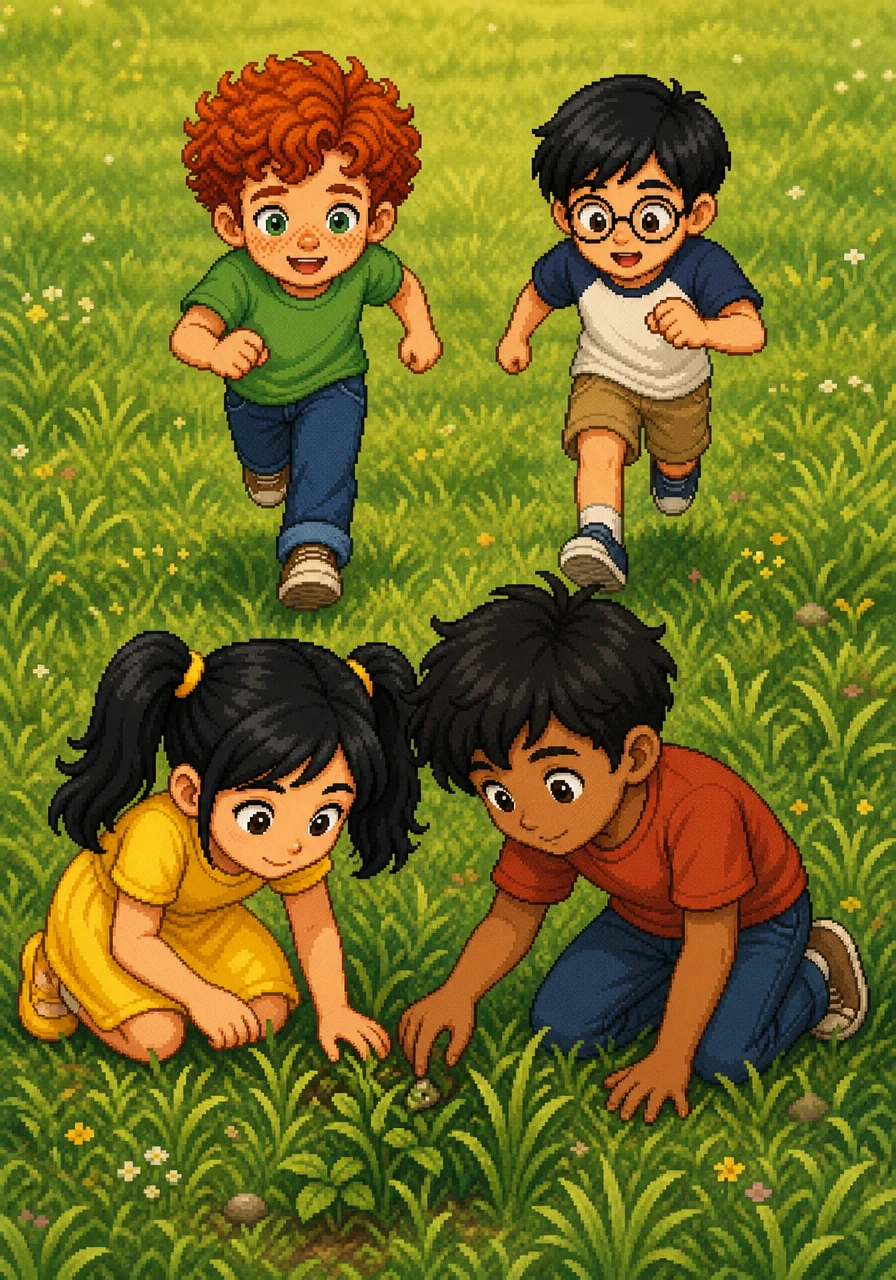 Together, they searched through the grass. Soon, two boys came running over. Evan had curly red hair and freckles, while Kabir had straight dark hair and wore glasses. "What are you doing?" asked Evan curiously.