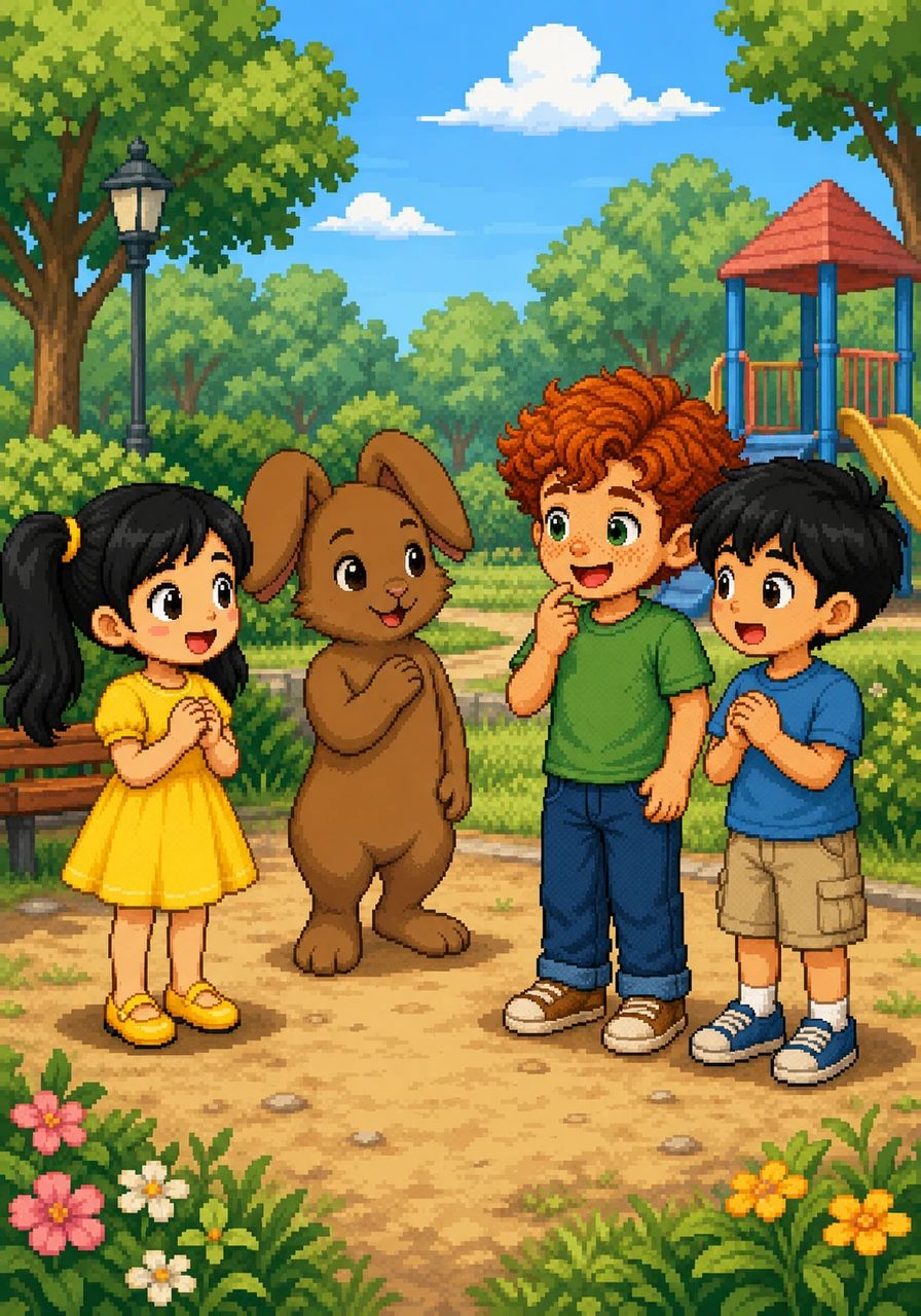 Sid stood up politely and introduced himself to both boys. "Hello, I'm Sid. This is my new friend Inaya. We're looking for her lost toy car. Would you like to help us?" Evan and Kabir thought it was amazing to meet a talking rabbit who was so polite!