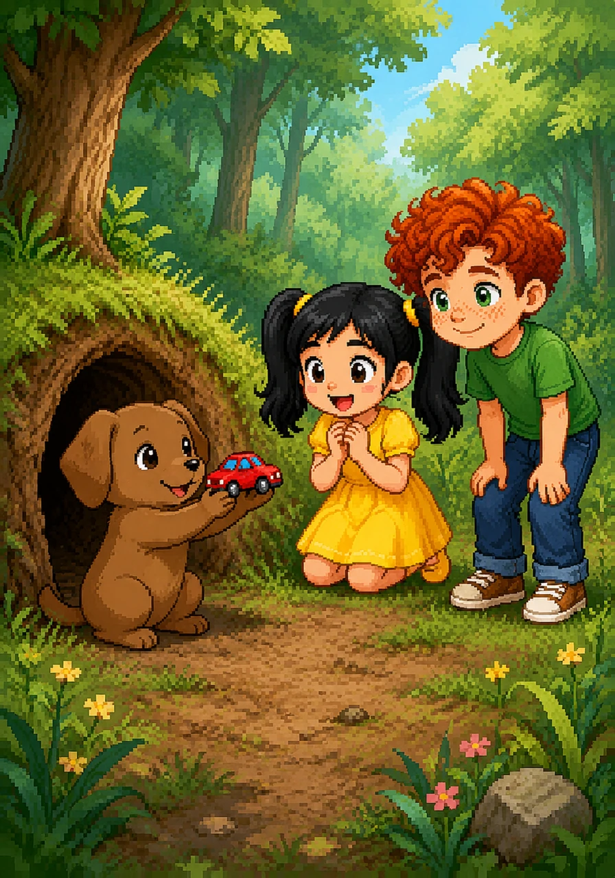 After a few minutes, Sid's twitching nose led him to a small burrow. "I found it!" he called out respectfully, not wanting to startle anyone. He carefully pulled out Inaya's red toy car, clean and undamaged.