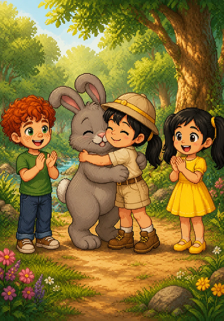 Inaya cheered with joy and hugged Sid gently. "Thank you, Sid! You are the most respectful and helpful rabbit ever!" Evan and Kabir clapped their hands, celebrating the successful search in the sunny afternoon warmth.