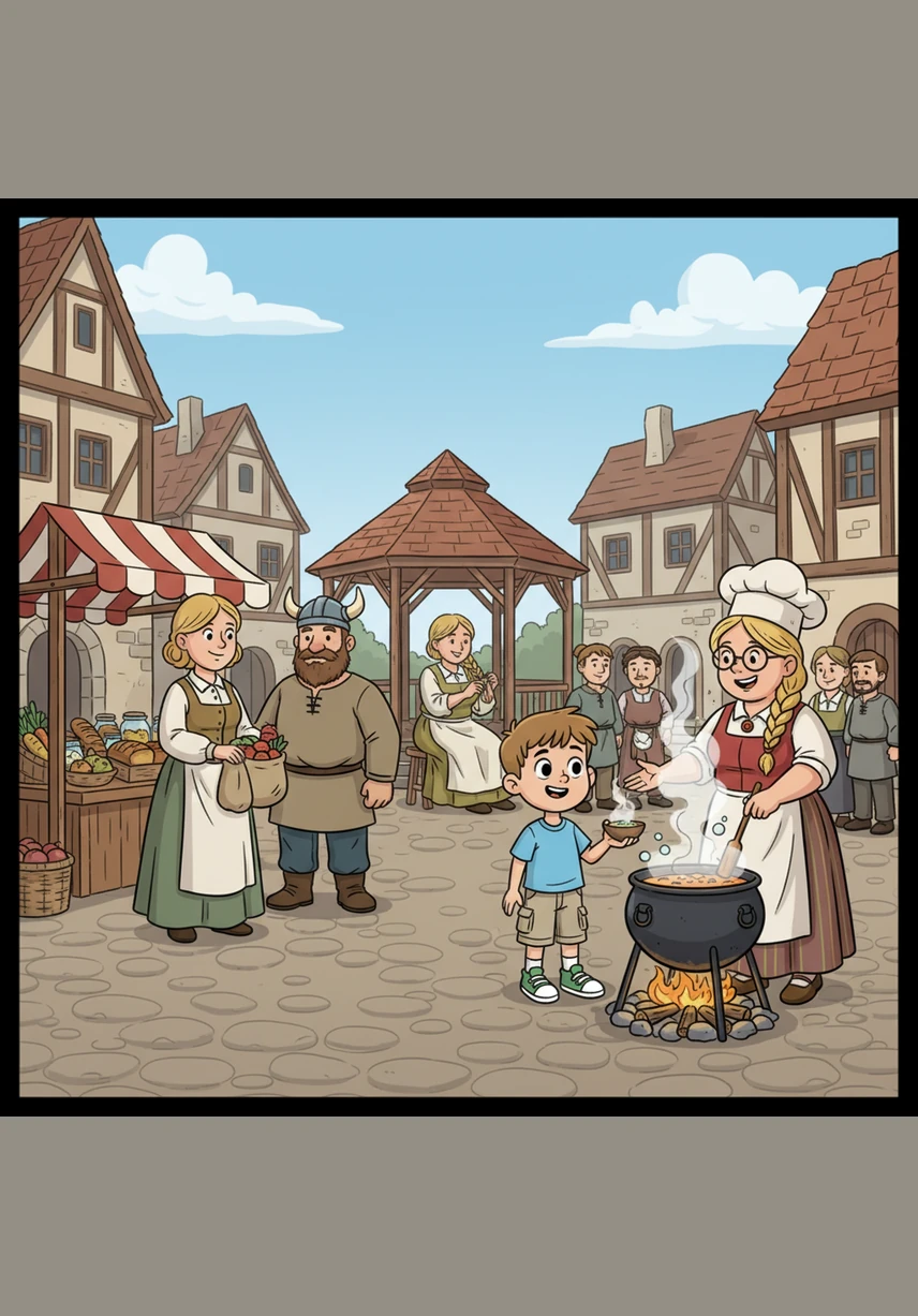By noon, the town was filled with the delicious aroma of Cook Paula’s soup drifting through the air. Leo saw Shopkeeper Pārsla greeting customers at the market while Hairdresser Frīda styled beautiful hair for the townspeople.