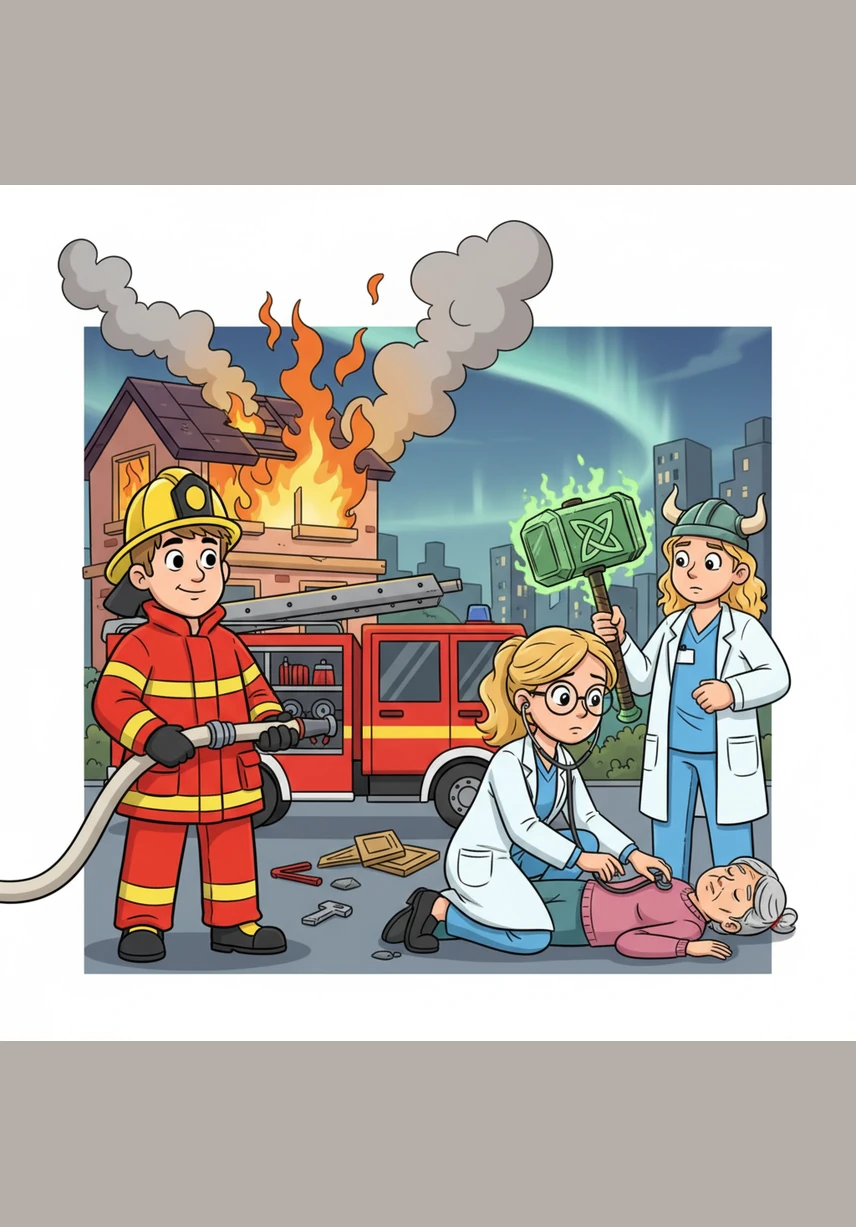 Firefighter Uldis raced to the scene in his bright red truck to stop the fire, while Doctor Artis arrived to care for someone who had fallen ill. They worked bravely and quickly to make sure everyone was safe.