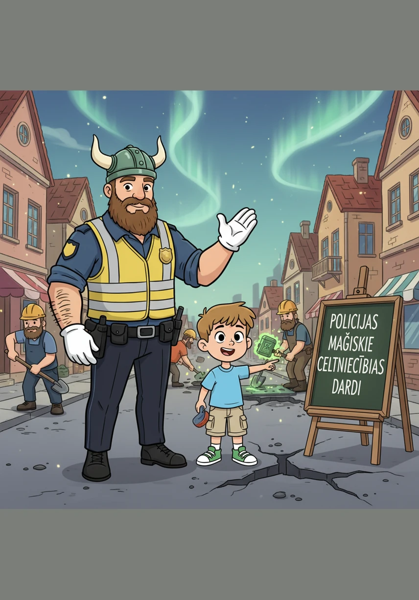 Policeman Pēteris directed the traffic to keep the area clear, while Builder Cēzars used his heavy machinery to fix the broken road. Their hard work helped the town stay organized even during the chaotic moment.