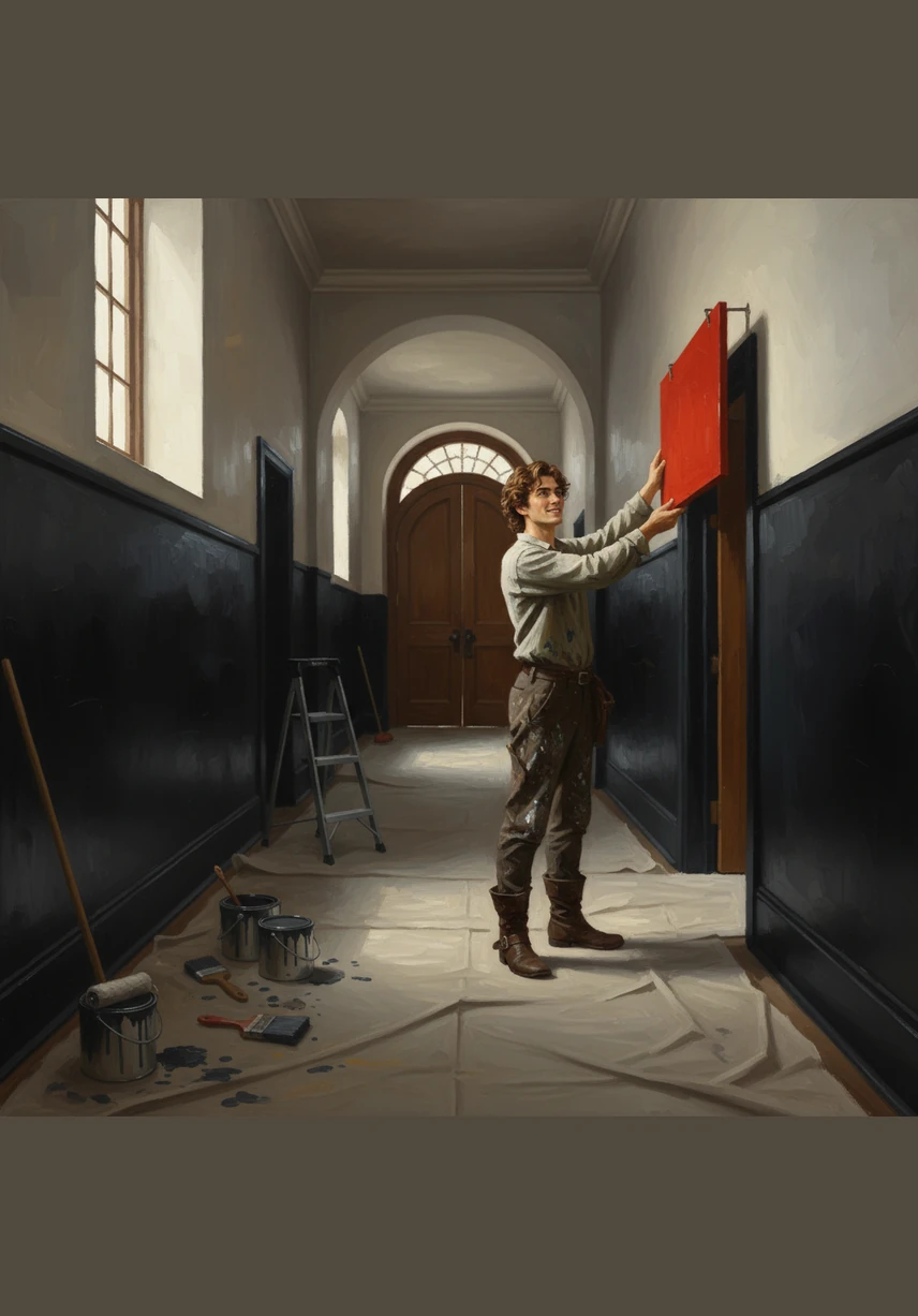 Leo begins his work by painting the main hallway a sleek charcoal black, creating a bold sidebar that will guide his future customers. He hangs a bright red sign above the entrance, feeling his heart race as the vision starts to take shape.