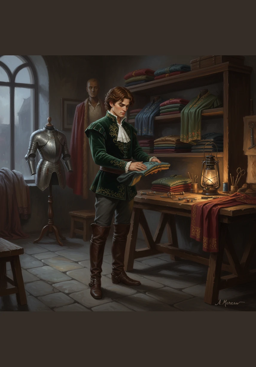 In the first corner of the shop, Leo organizes the Men's collection, carefully hanging crisp white T-shirts and rugged denim jeans. The morning sun streams through the large front window, making the new fabrics glow with the promise of a fresh start.