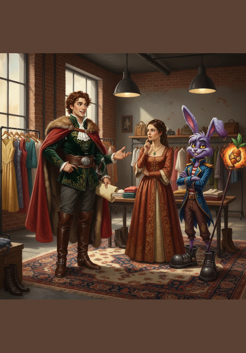 Moving to the Women's section, Leo drapes an elegant floral dress over a mannequin, adjusting the hem until it falls perfectly. He steps back to admire how the soft, flowing fabric contrasts against the modern, industrial decor of the boutique.