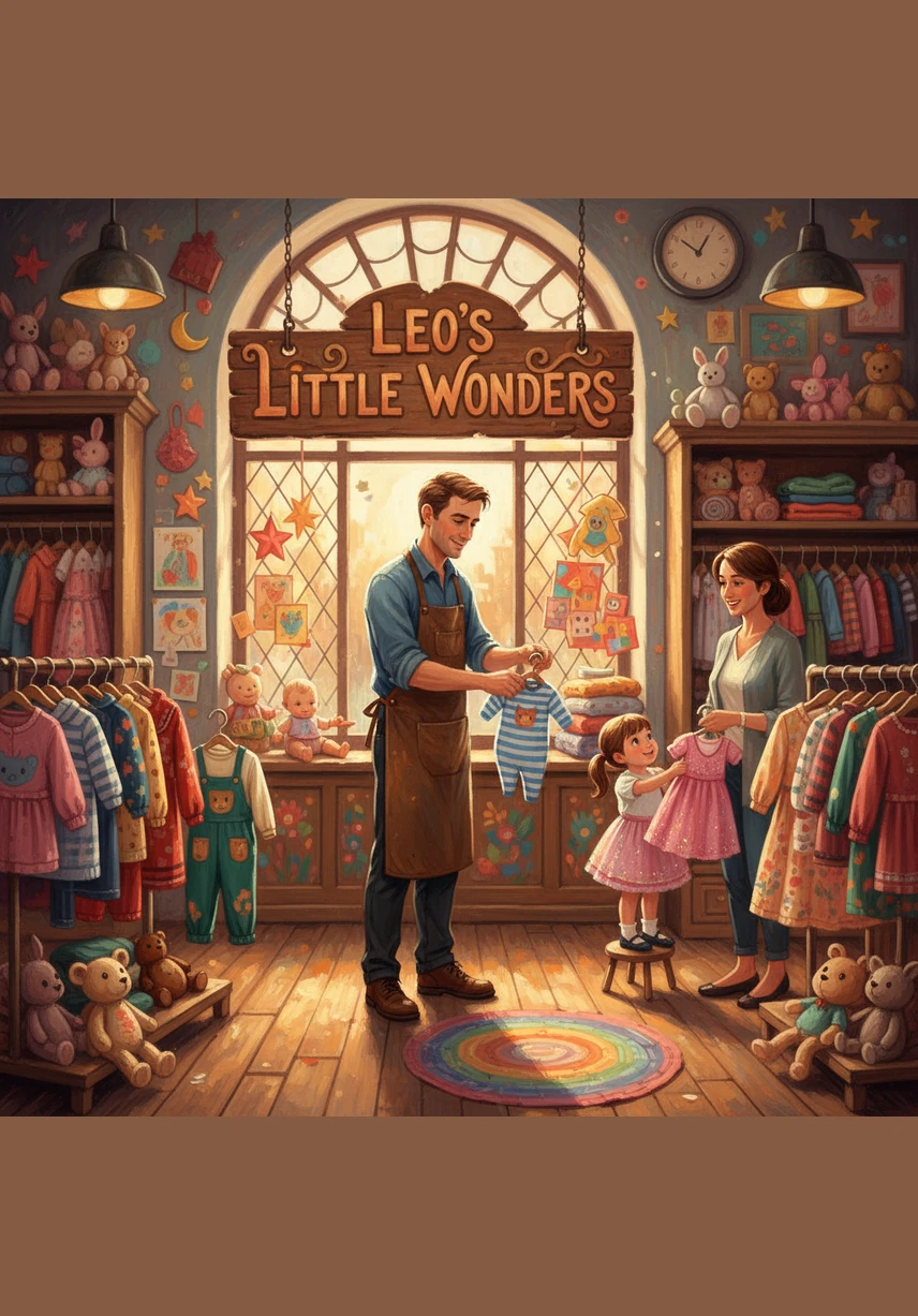 The shop becomes even more colorful as Leo sets up the sections for boys and girls, filling them with miniature shirts and bright frocks. He smiles while arranging the displays, thinking of the families who will soon fill this space with laughter and excitement.