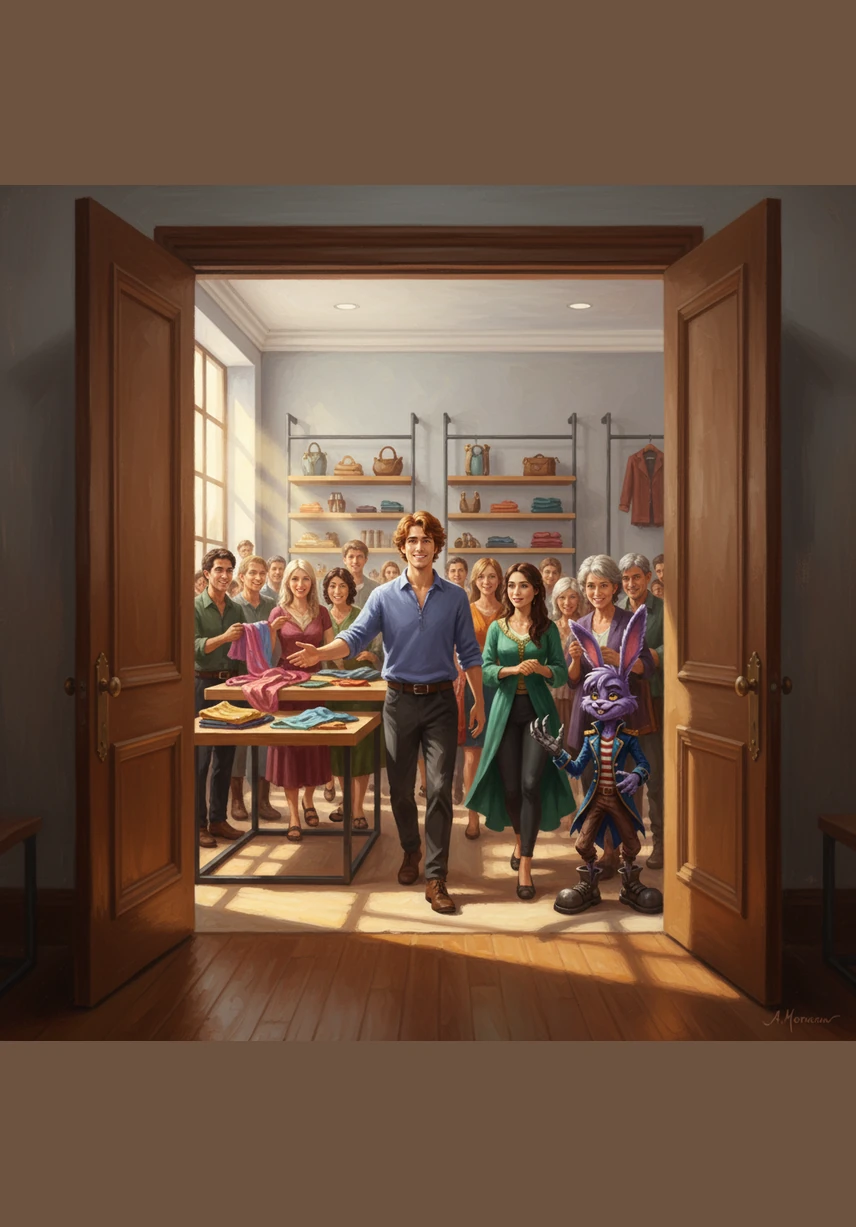 The doors finally swing open, and a crowd of curious shoppers pours into the Breakout Store, marveling at the clean lines and stylish displays. Leo greets every person with a warm smile, watching happily as they discover their own style among his curated collections.