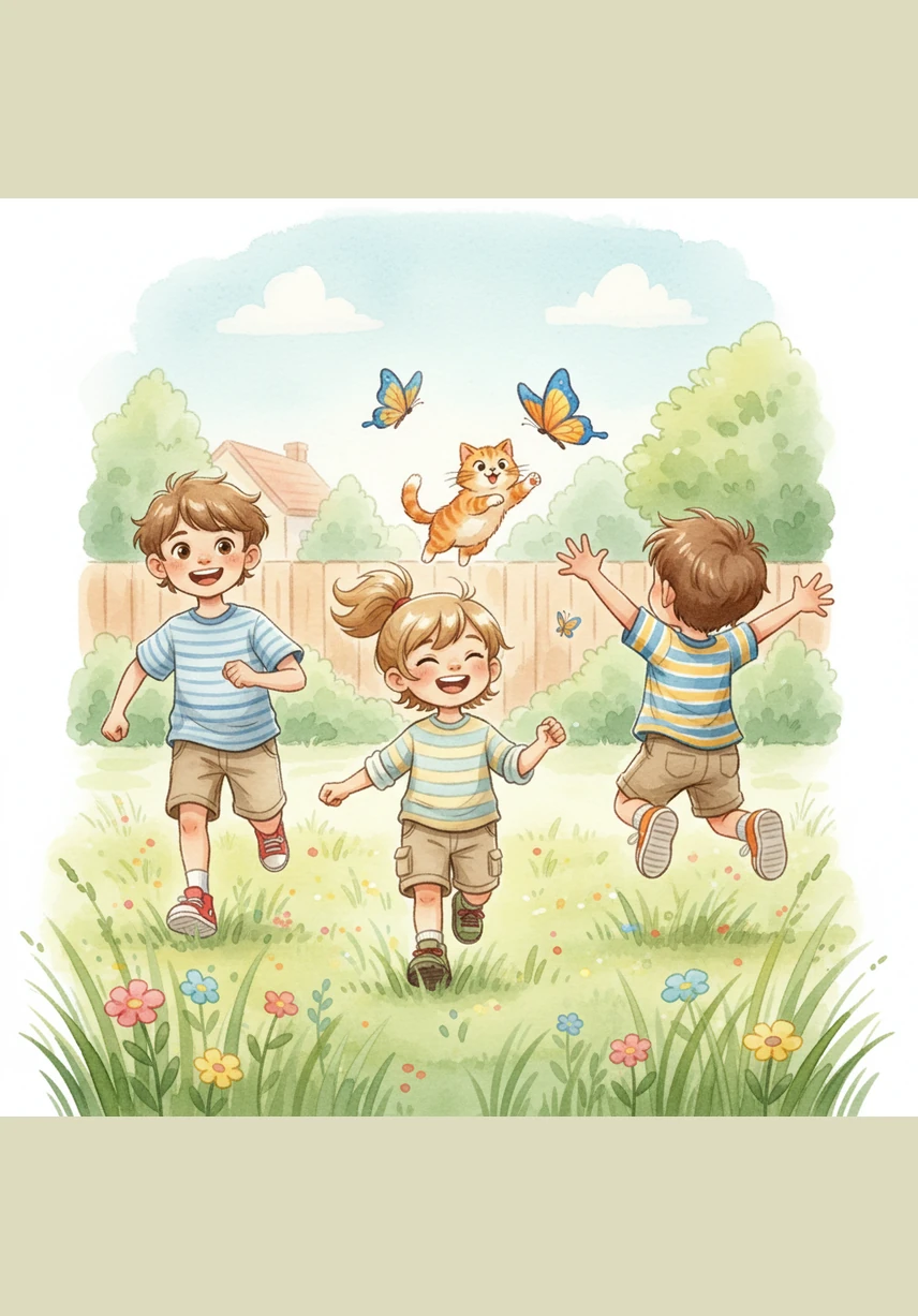 Leo and his two best friends, Mia and Sam, run through the backyard while their cat Pipoca pounces on colorful butterflies in the tall grass.
