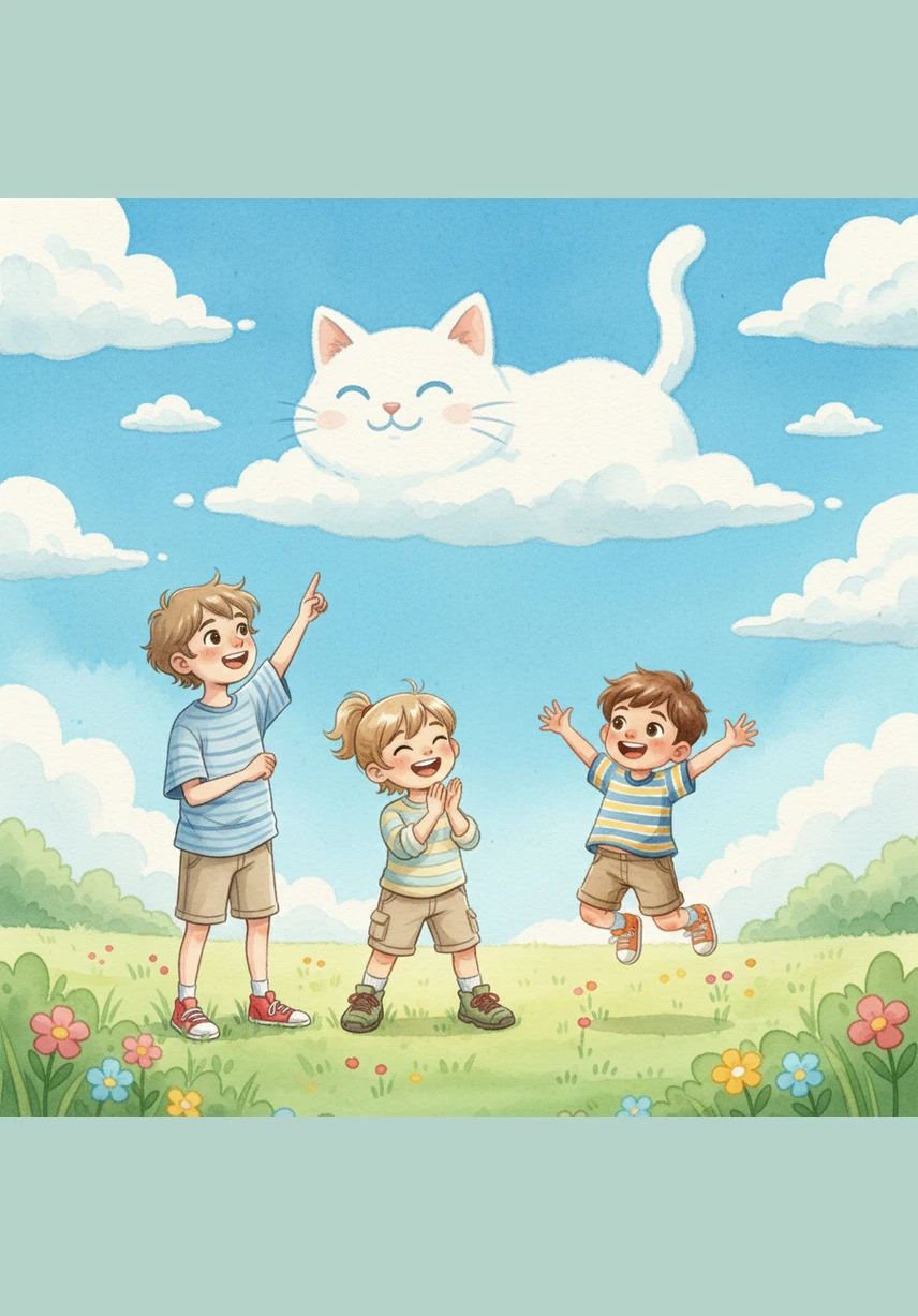 High above in the bright blue sky, a fluffy white cloud takes the perfect shape of a smiling cat, watching over them while Pipoca remains blissfully unaware below.