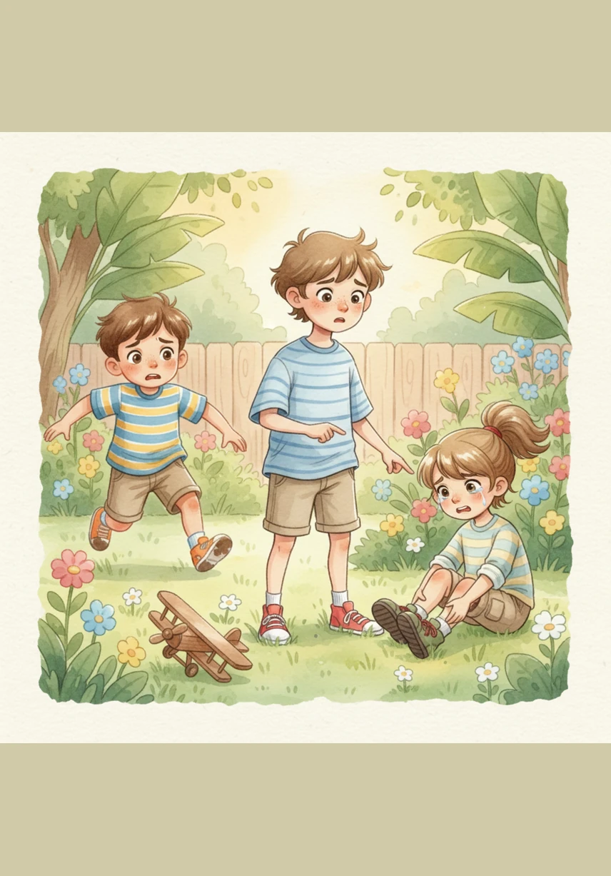 A friendly giant panda suddenly steps out from behind the garden hedge, holding a shimmering golden scroll that invites the children on a secret quest.