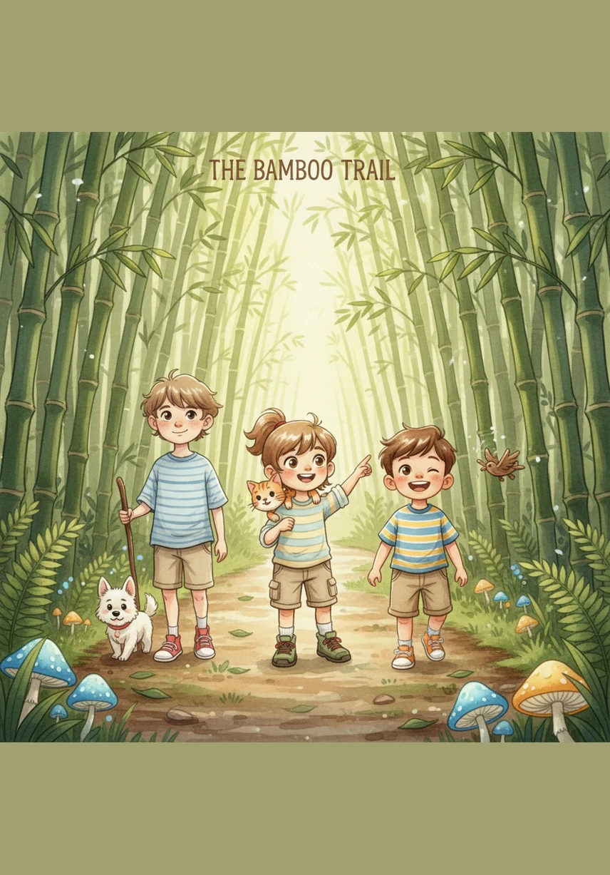 The friends and their animal companions trek through a mystical bamboo grove where the leaves glow like emeralds and the wind sings a soft melody.
