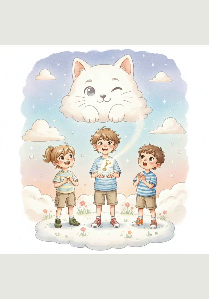 The cat in the clouds winks down at the group, causing a tiny shooting star to fall gently into Leo's open hands, where it turns into a glowing key.