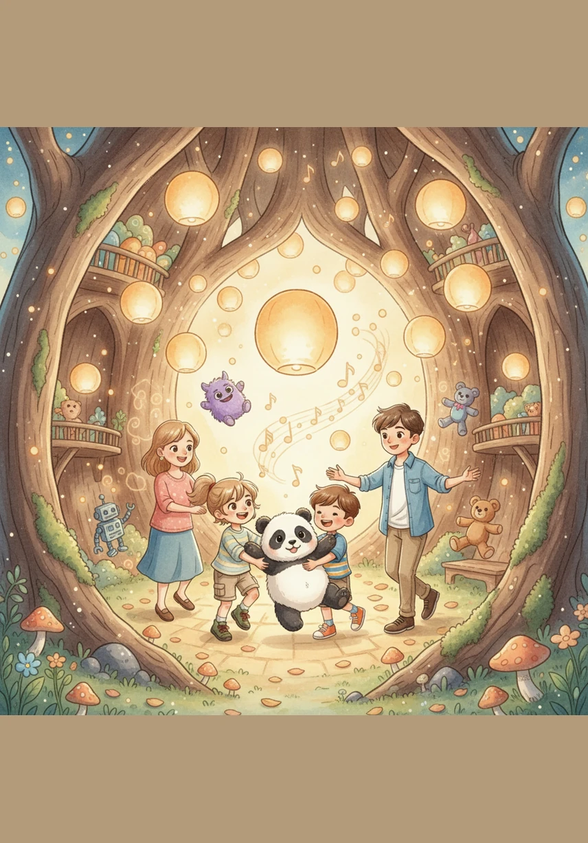 Inside the tree, they find a world of floating lanterns and soft music where the panda, the toys, and the family all dance together in pure joy.