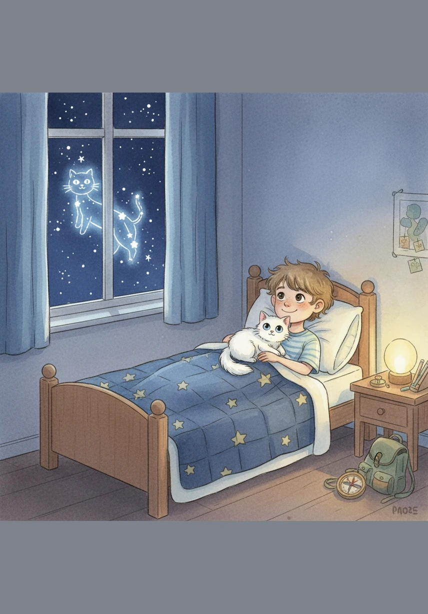 When the adventure ends, Leo snuggles into bed with Pipoca, looking out the window to see the celestial cat shining brightly among the stars.