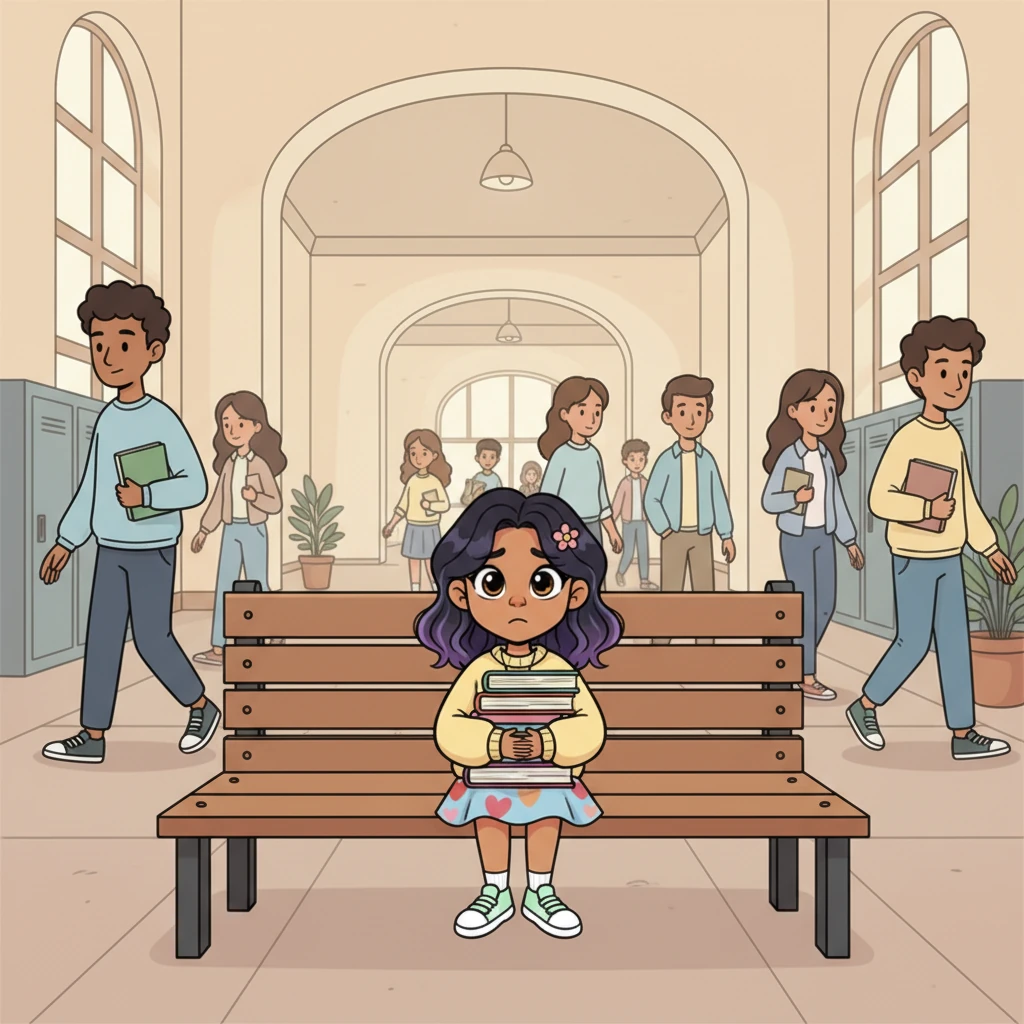 Shreya sits alone in a bustling college hallway, a small figure amidst larger-than-life students. Her vibrant clothes seem muted, and a quiet sigh escapes her as she clutches her books, feeling invisible.