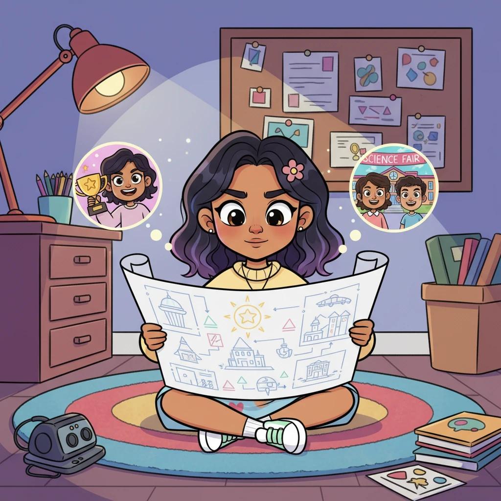 Later, in her room, a determined spark ignites in Shreya's eyes as she stares at a blueprint of a fantastical tech city she's sketching. Memories of her bright school days, filled with awards and smiles, fuel her resolve to prove herself.