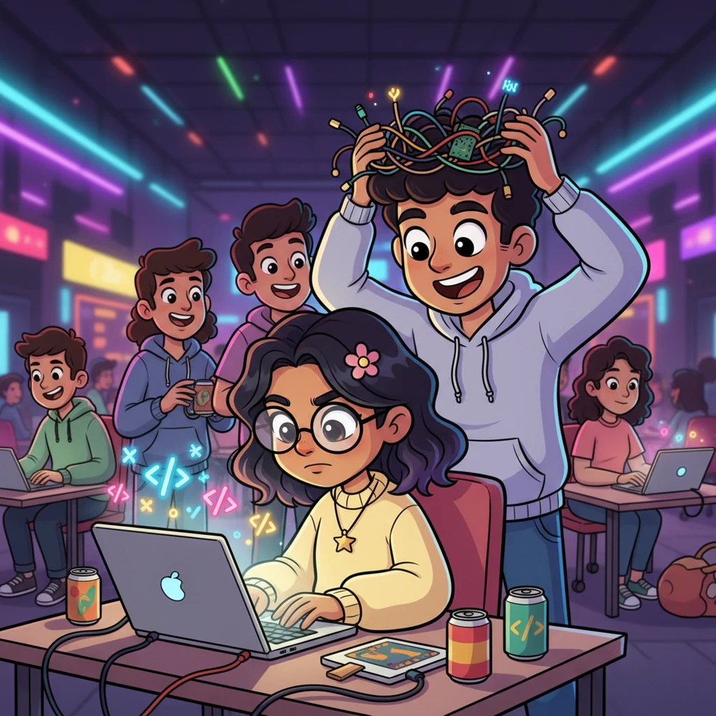 At a lively inter-college tech hackathon, bright neon lights illuminate the buzzing hall. Amidst the crowd, a charismatic young man named Arjun, with a playful grin and a crown of friends, catches sight of Shreya, who is intensely focused on her laptop. His eyes are drawn only to her.