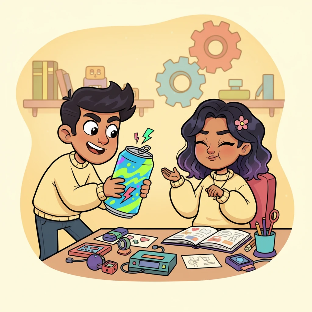 Arjun, with a mischievous twinkle, approaches Shreya's workstation, offering a ridiculously oversized, brightly colored energy drink. He cracks a silly joke, and for a fleeting moment, a dimple appears on Shreya's cheek, a sight he treasures instantly.