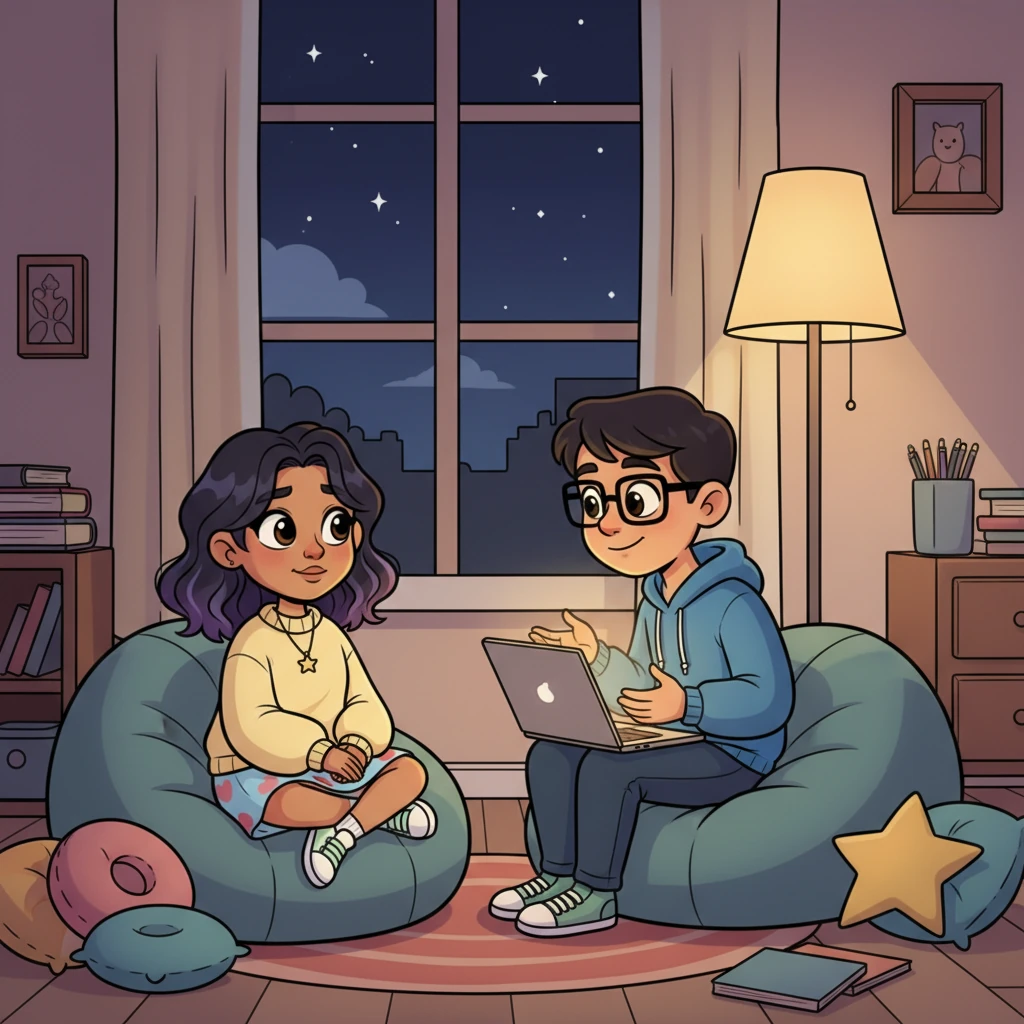 During a late-night coding session, Arjun gently coaxes Shreya to share her dreams and past struggles. He listens with genuine understanding, his warm gaze making her feel safe enough to reveal the intelligent, passionate girl hidden beneath her quiet exterior.