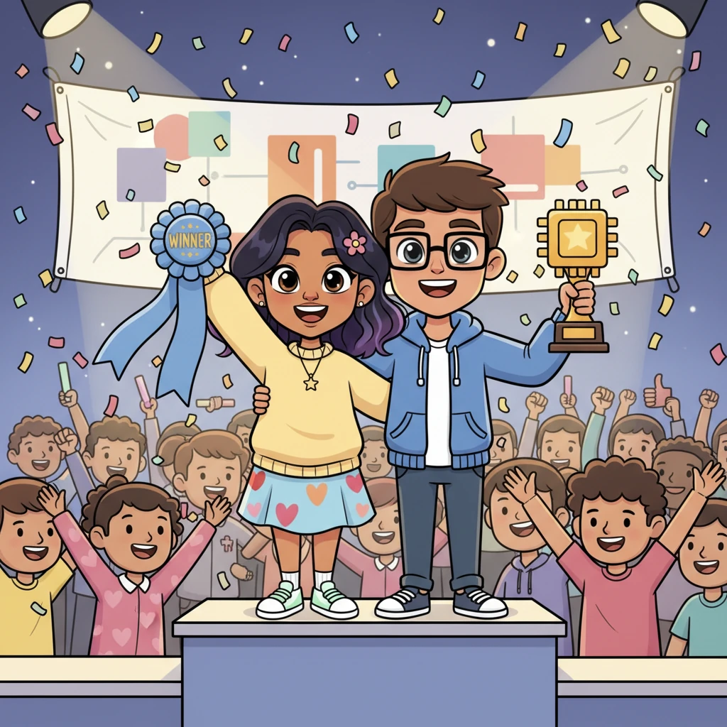 Together, they win the hackathon with an innovative project, celebrated with confetti and cheers. Shreya, standing next to Arjun, beams with a confidence she thought she'd lost, their shared success a testament to their growing partnership and bond.