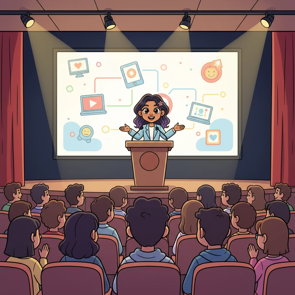 Shreya, now a confident leader, presents their next big project to a packed auditorium, her voice strong and clear. Arjun stands proudly in the audience, his eyes filled with admiration for the radiant woman she has become, a true tech queen.