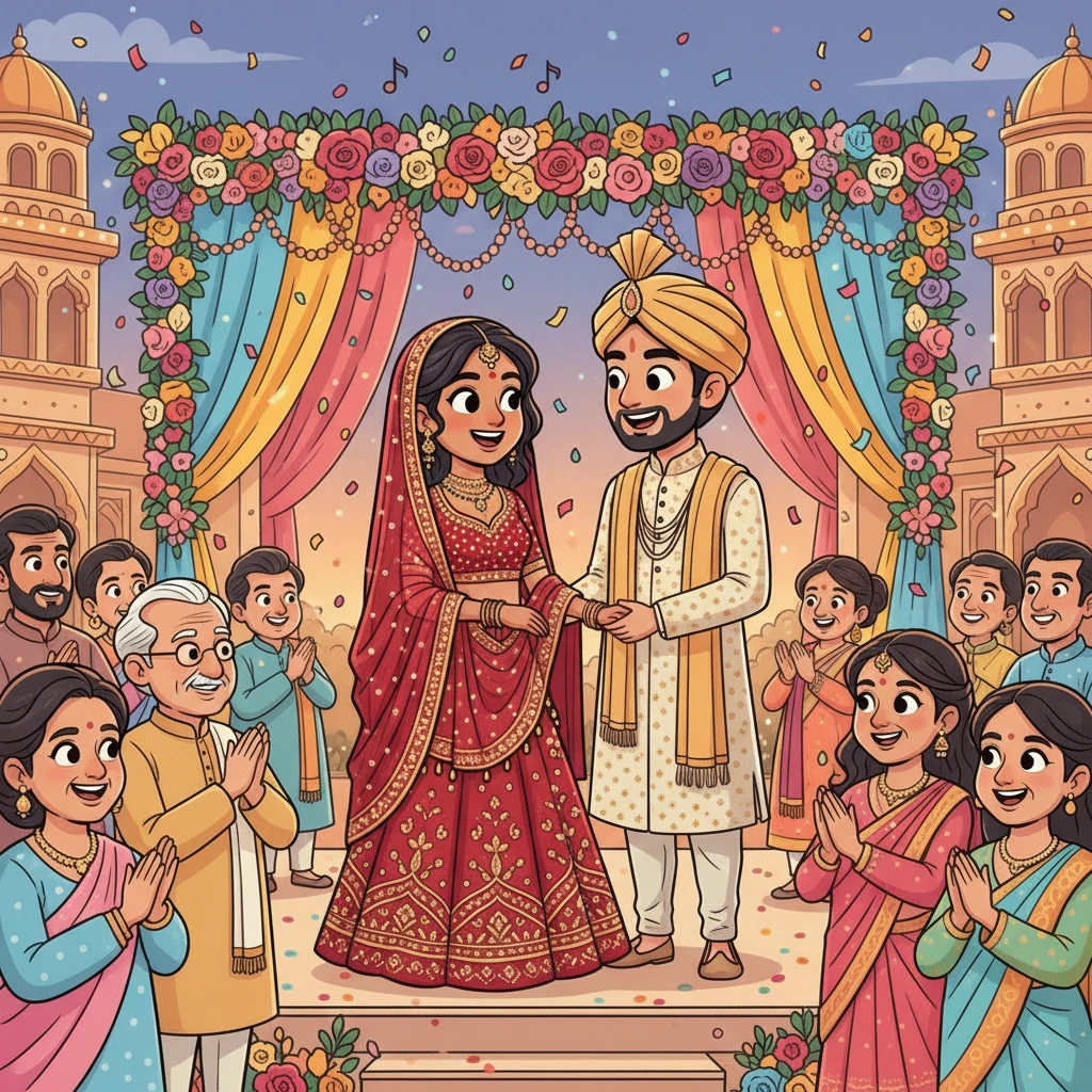 The grandest Indian wedding unfolds with dazzling colors and joyful music, as Shreya, in a magnificent bridal lehenga, smiles brightly at Arjun, her equally handsome groom. Their families, once judgmental, now radiate pride and happiness, witnessing their beautiful union.