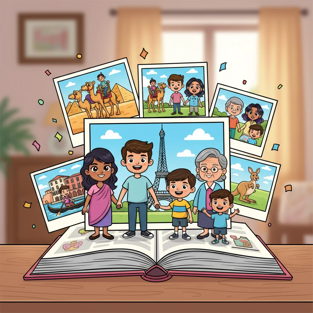 Years later, a vibrant photo album shows Shreya, Arjun, their parents, and her brother exploring wondrous global landmarks, from the Eiffel Tower to ancient pyramids. Shreya's dreams of travel and love have come true, her life a masterpiece of happiness and success.