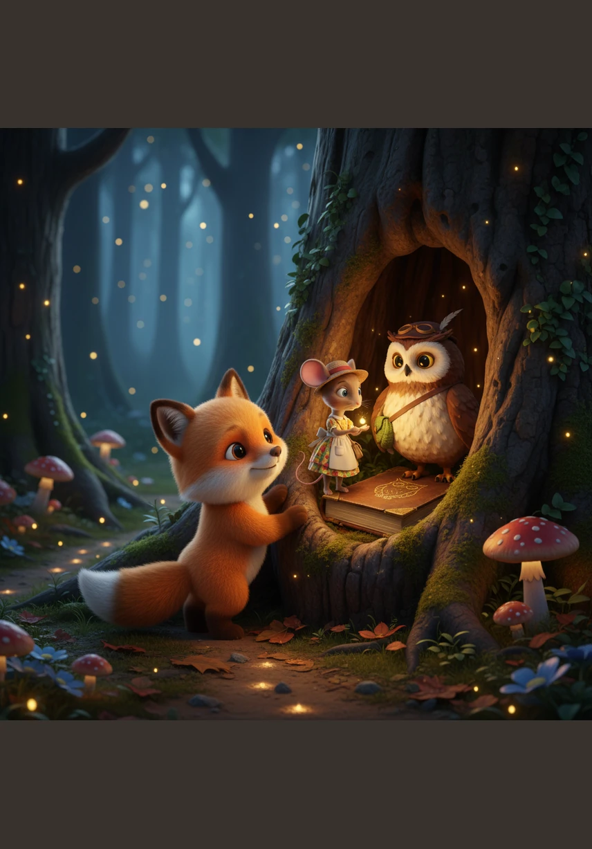 Oliver the little fox was playing in a field of vibrant bluebells when he spotted something glimmering in the soft dirt. He reached down with his paw and pulled out a beautiful golden key that sparkled brilliantly under the morning sun.