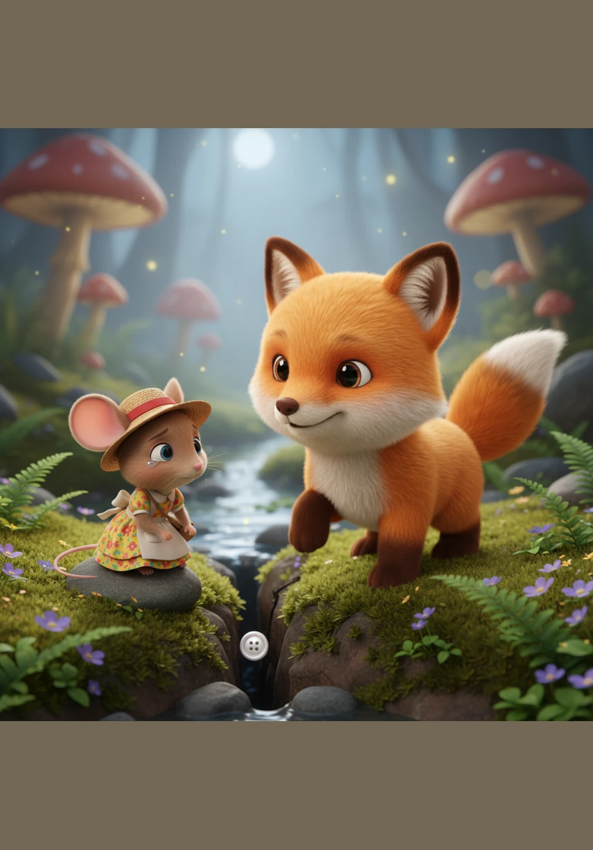 On the opposite mossy bank, he met a tiny mouse named Mia who was crying because she had dropped her favorite shiny button into a deep rock crack. Oliver knelt down beside her and greeted her with a warm, comforting smile.