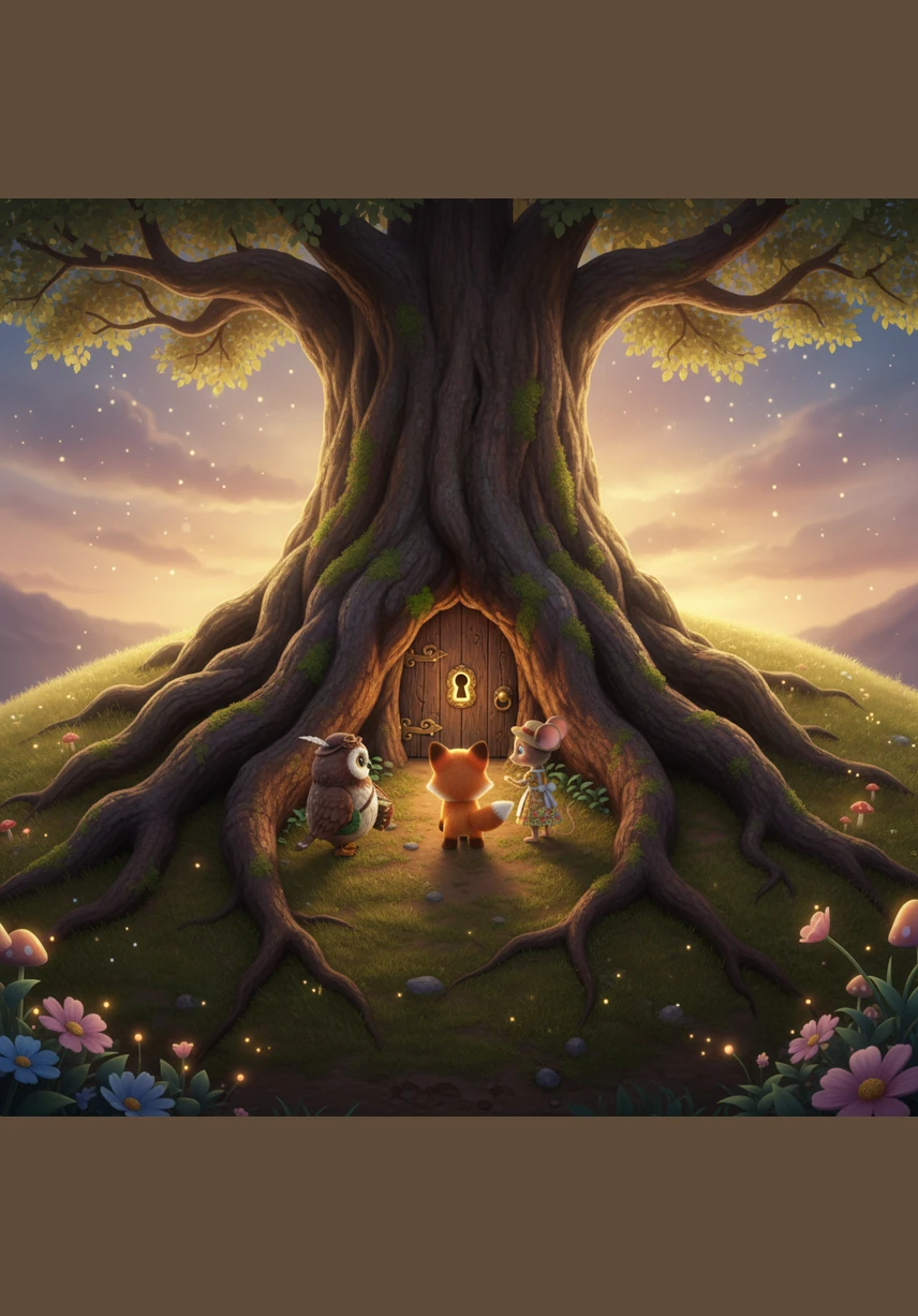 At the very top of the hill stood the Great Oak, an ancient tree with thick roots that looked like sleeping giants. Hidden between two gnarled roots was a tiny, ornate wooden door with a keyhole that glowed with a soft, inviting light.