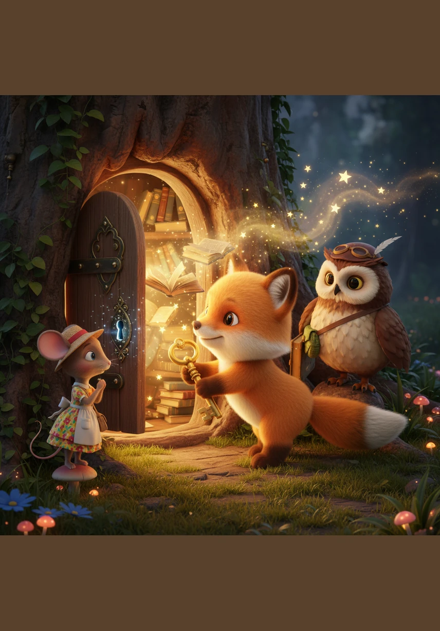 Oliver held his breath and turned the golden key in the lock with a satisfying, magical click. The door swung open to reveal a cozy hidden room filled with glowing books and floating stars that smelled like sweet honey.