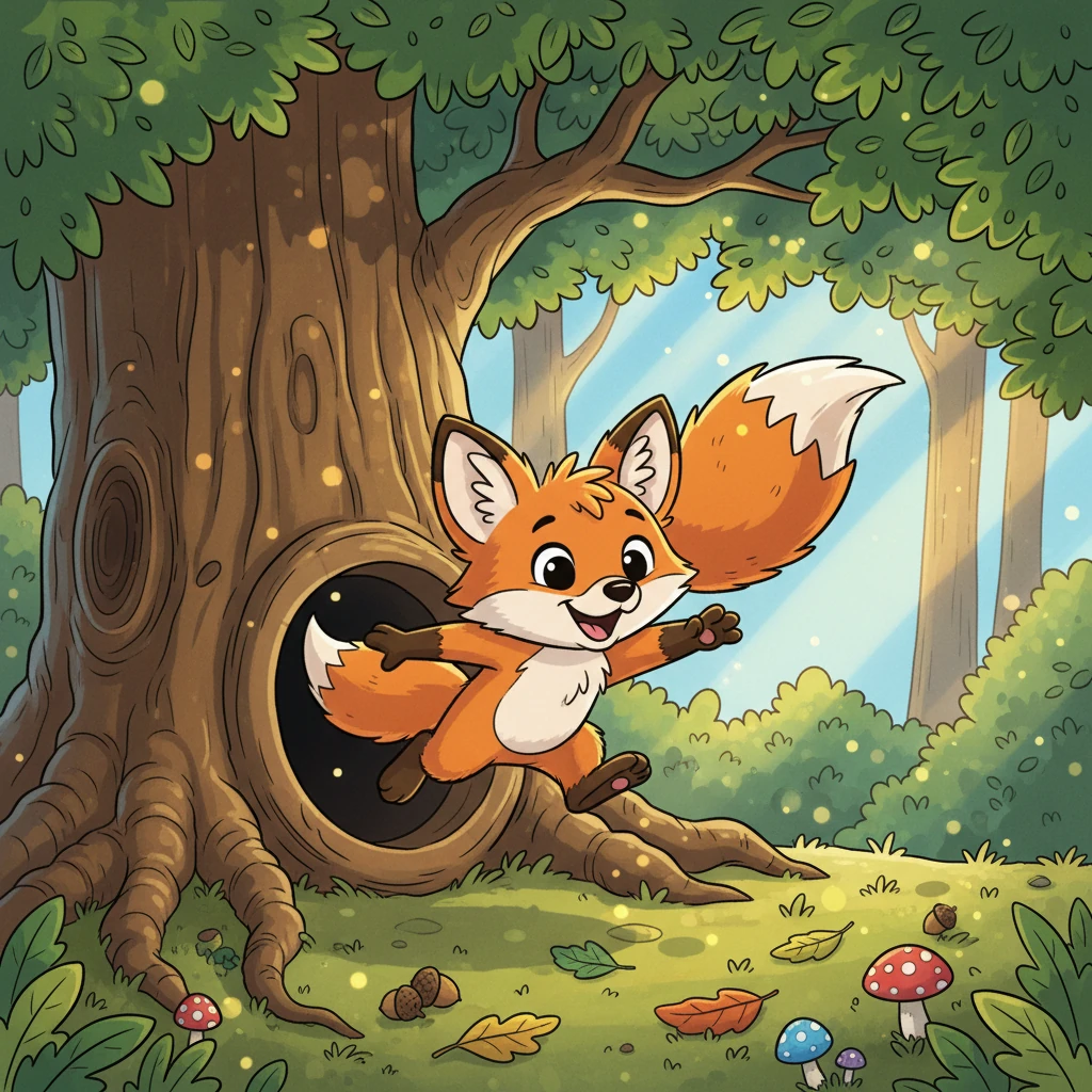 Foxy Pip, a lively little fox kit, bounced out of his cozy den, tail wagging with excitement. Today was a special day – his very first day at the Whispering Woods School! Sunlight dappled through the leaves, painting golden spots on the forest floor as he stretched, ready for adventure.