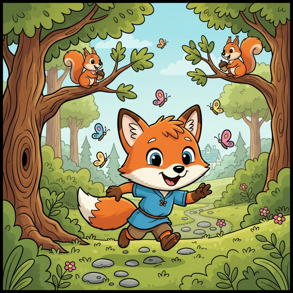 He scampered along the winding forest path, his bright eyes wide with wonder. Butterflies fluttered past, and friendly squirrels chattered greetings from oak branches. Foxy Pip giggled, feeling the soft moss under his paws, eager to see his friends and learn new things.