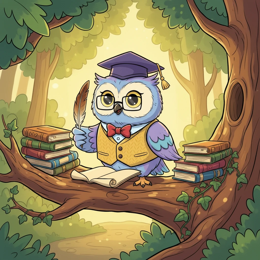 Inside, seated on a grand, gnarled branch that served as a desk, was Professor Hoot, the wisest owl in the forest. He wore spectacles perched on his beak and had a kind, crinkly smile. His feathers were ruffled but neat, and his eyes gleamed with gentle wisdom.