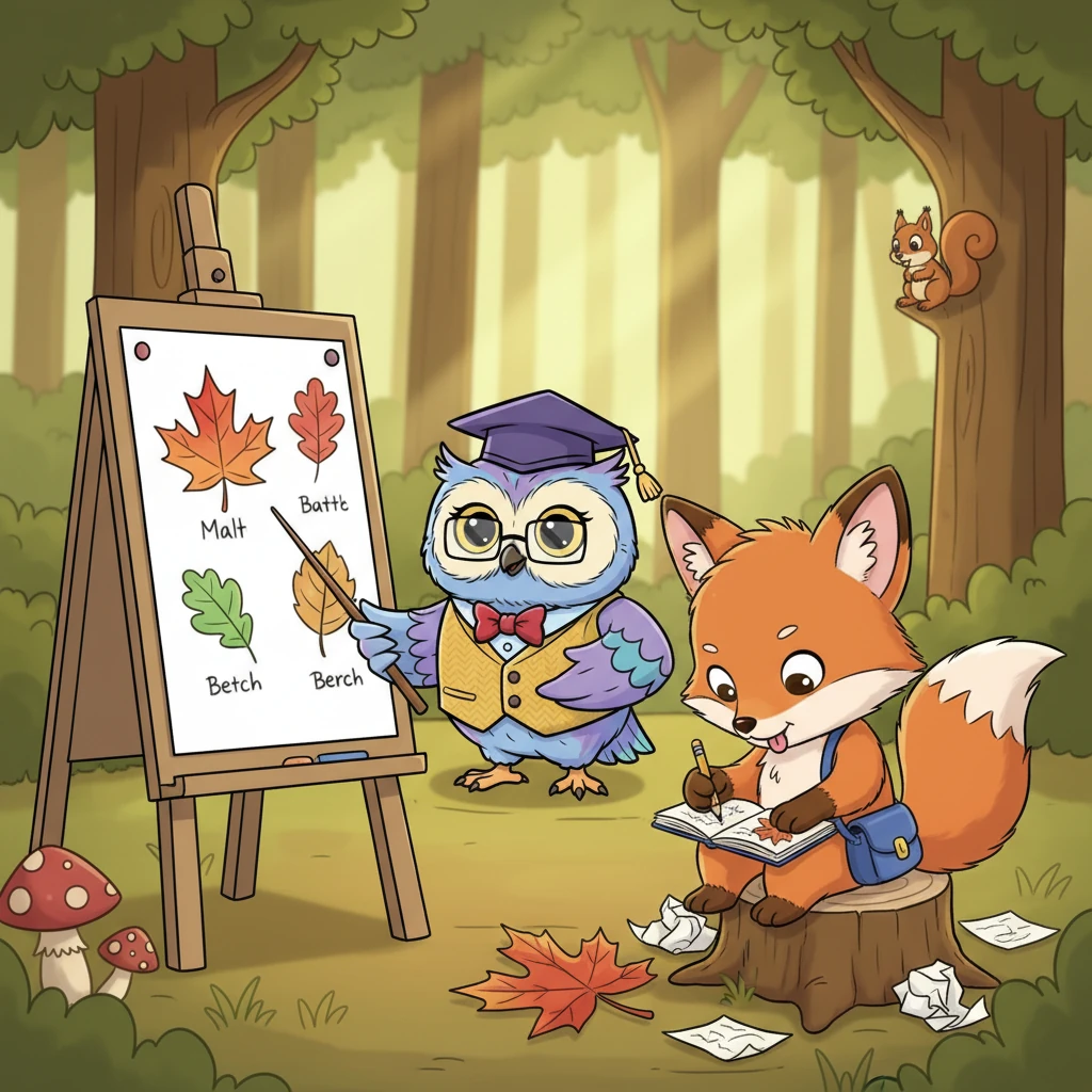 Professor Hoot began the first lesson, teaching about the different types of leaves and their unique shapes. Foxy Pip listened intently, trying to sketch a perfect maple leaf in his little notebook, his tongue poking out in concentration.