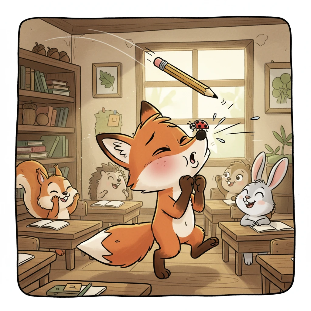 Suddenly, a mischievous little ladybug landed right on Foxy Pip's nose! He let out a surprised sneeze, sending his pencil flying across the room. All the other forest creature students giggled, and Foxy Pip blushed, a playful twinkle in his eye.
