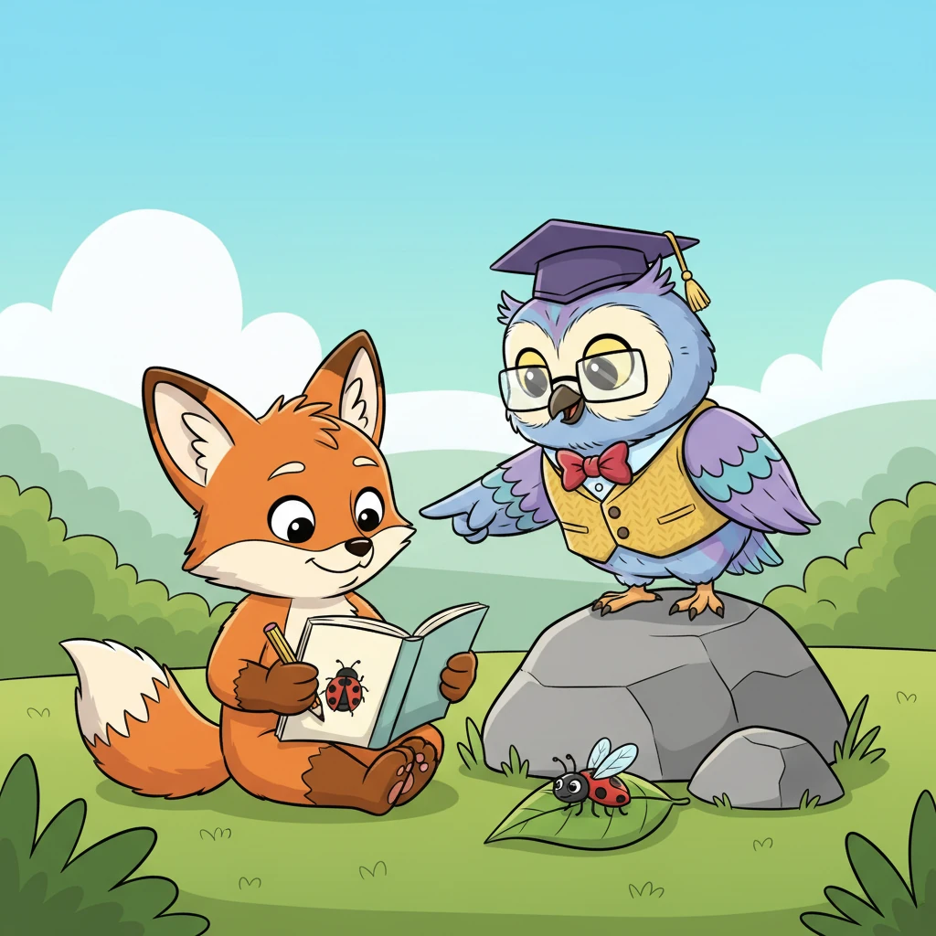 Inspired, Foxy Pip decided to draw the ladybug instead, capturing its tiny spots and delicate wings with newfound focus. Professor Hoot praised his observation, making Foxy Pip's heart swell with pride. He realized mistakes could lead to new ideas.