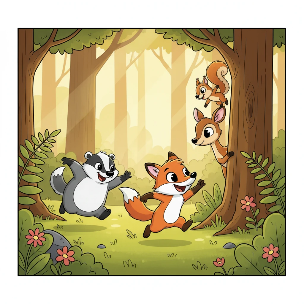 After lessons, Foxy Pip raced outside with his friends, a bouncy badger, a shy deer, and a speedy squirrel. They played hide-and-seek among the towering trees, their joyful squeals echoing through the sun-drenched glade. Laughter filled the air as they chased each other.