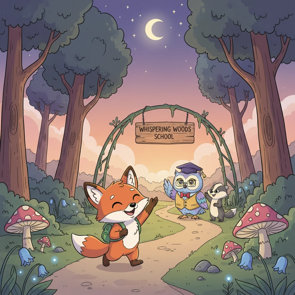 As dusk painted the sky in soft purples and oranges, Foxy Pip waved goodbye to his friends and trotted home, a happy sigh escaping him. He couldn't wait to tell his family about his day and dreamed of all the wonderful adventures tomorrow's lessons would bring at the Whispering Woods School.