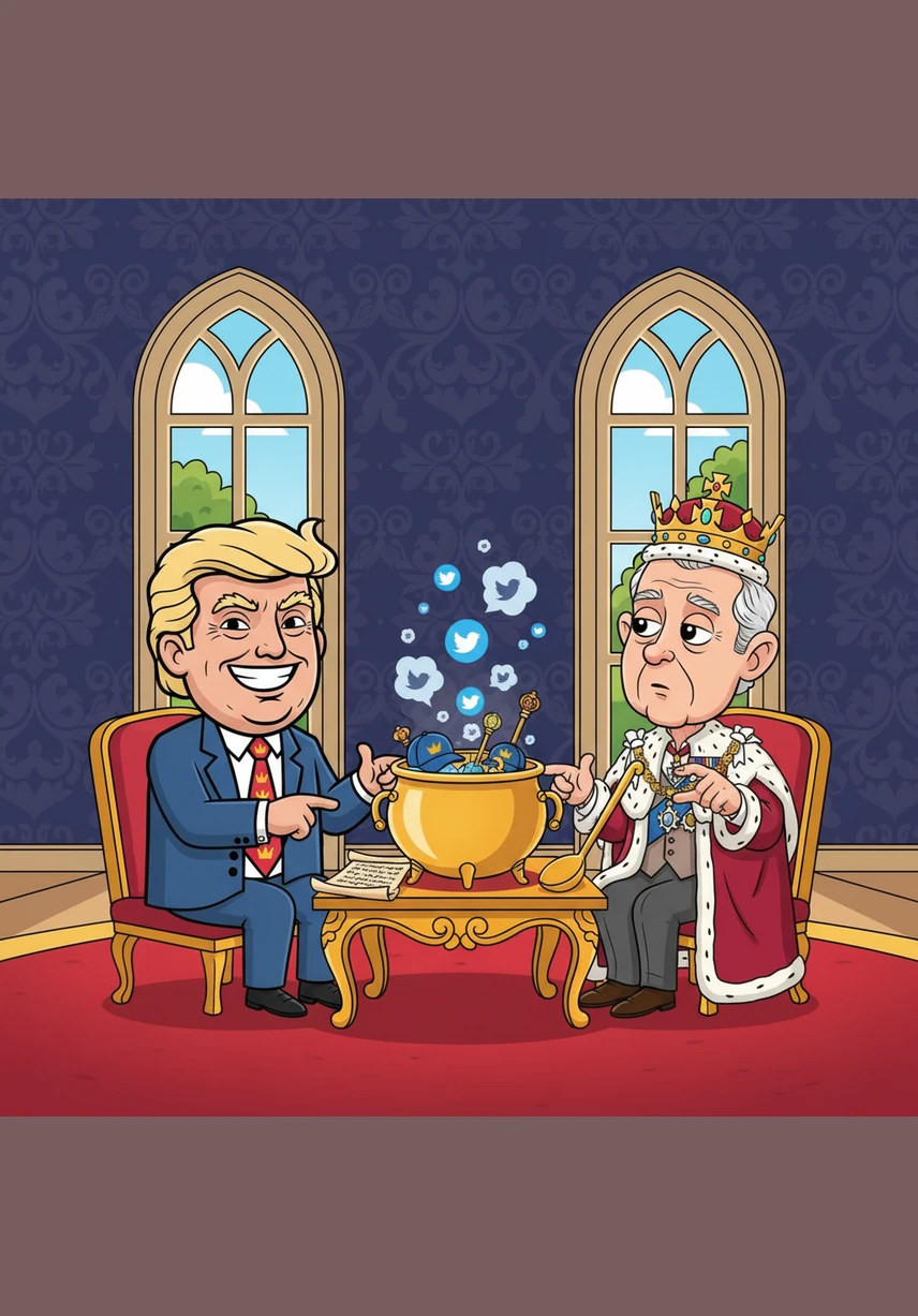 High above a vast and shadowed void, two figures sit in ornate, high-backed chairs, their faces illuminated by a single, harsh overhead spotlight. Donald Trump and King Charles III look down with expressions of exaggerated, serene calm, their hands poised over an invisible edge.