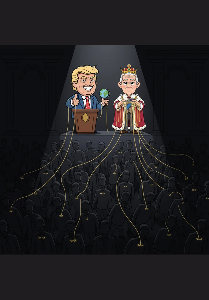 Below the masters, a dense sea of faceless citizens stands in near-total darkness, their features blurred into anonymity. Every individual is connected to a golden string, their bodies swaying in a synchronized, mechanical rhythm dictated from above.